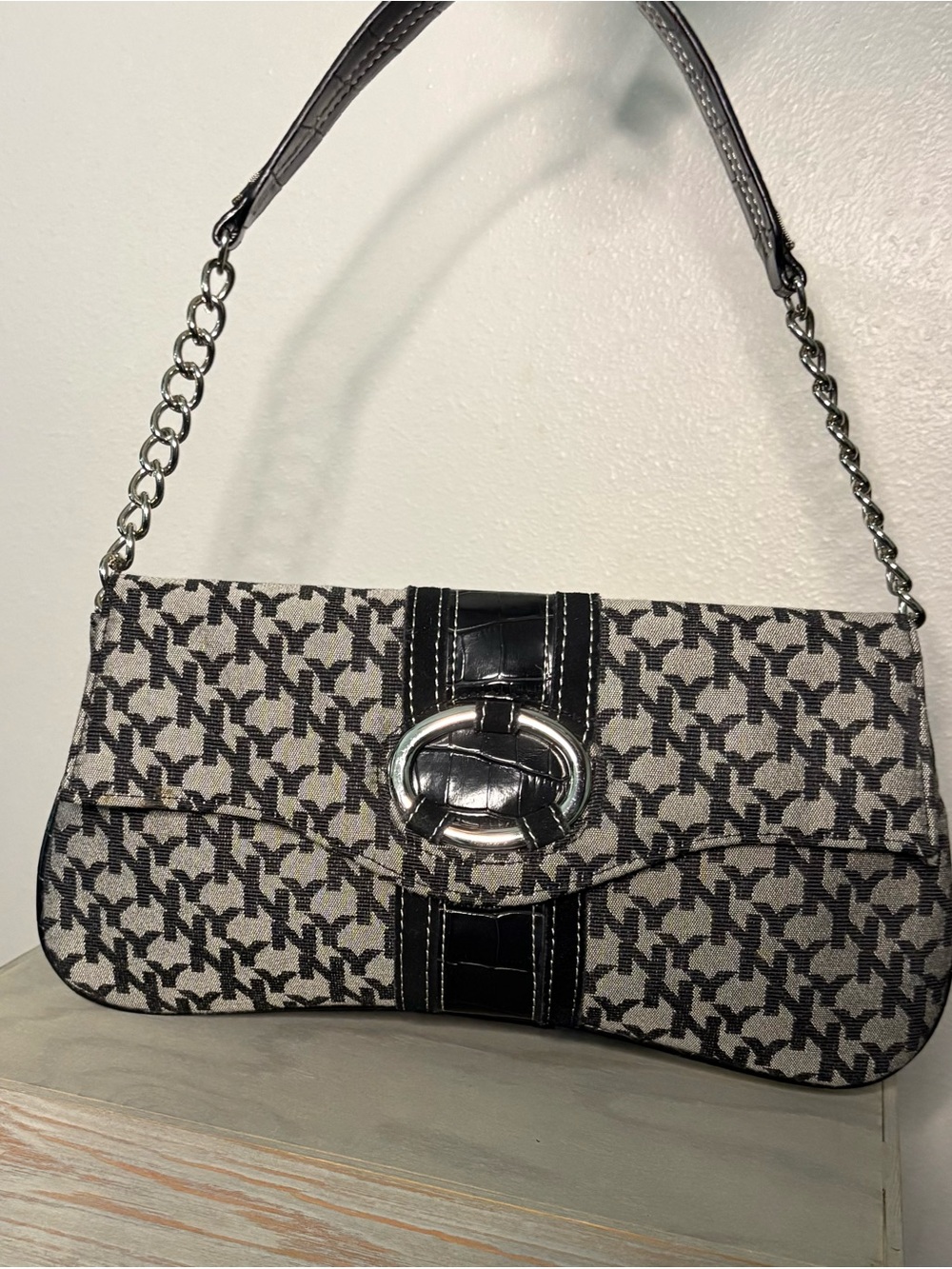 New York & Co Jacquard NY Monogram Chic Shoulder Bag with Silver Chain Hardware